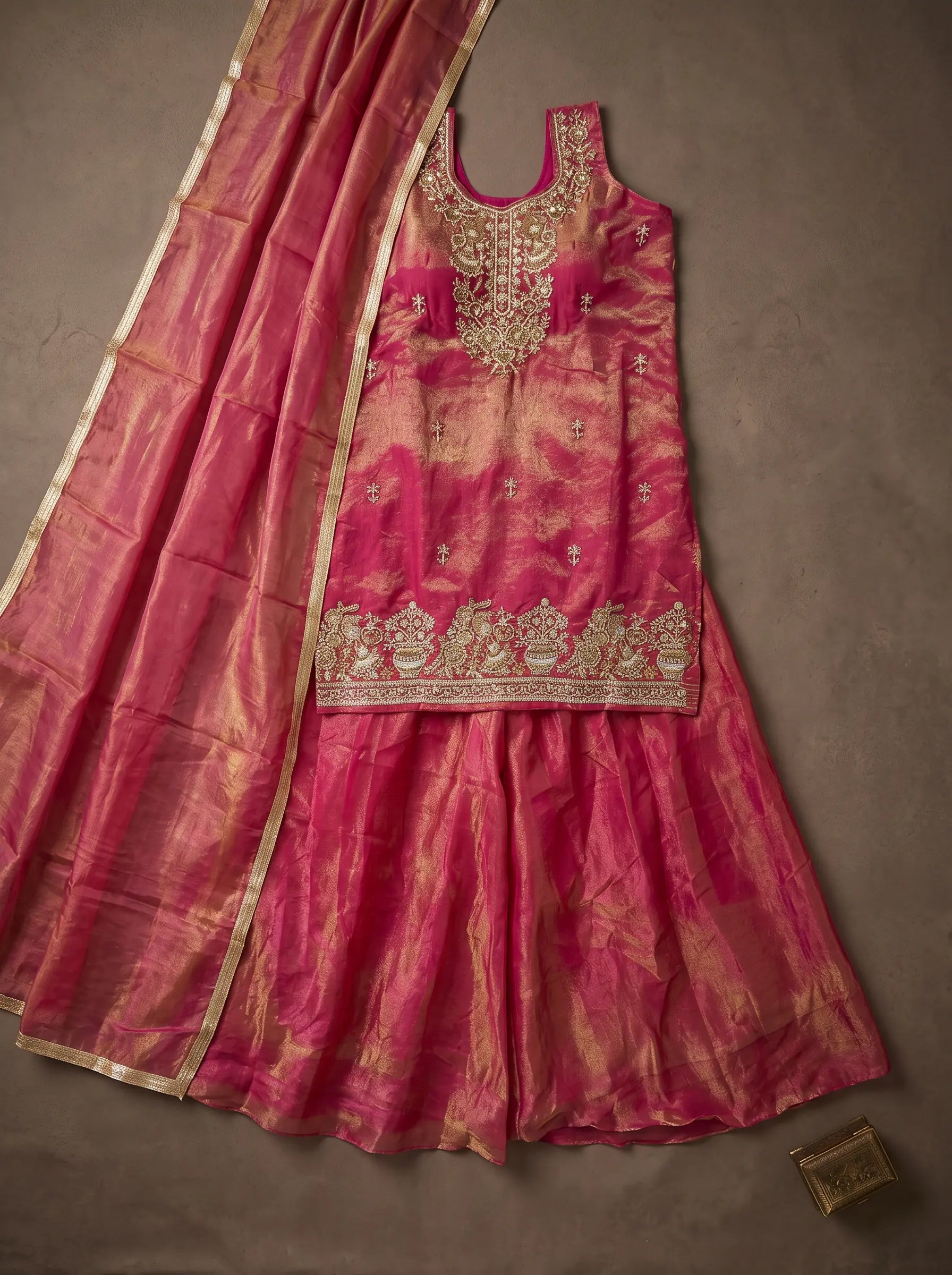Fuchsia pink and metallic gold tissue silk sharara set with sequin and cut-bead embellished top, laid flat with matching dupatta