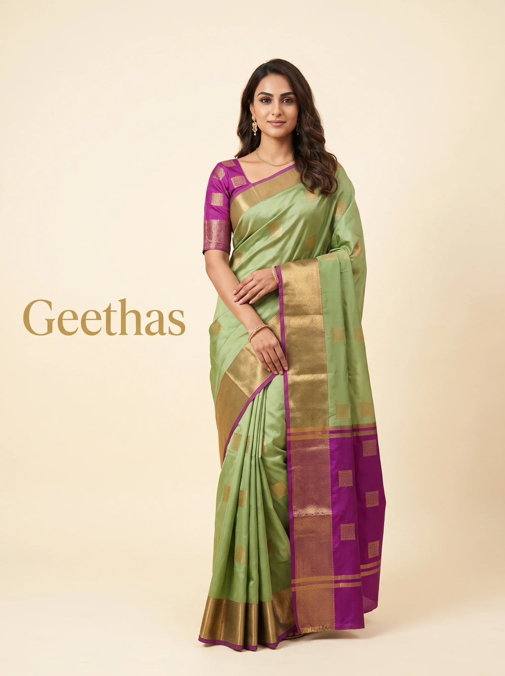 Model wearing pista green semi silk saree with gold-toned woven motifs, paisley border and magenta edging