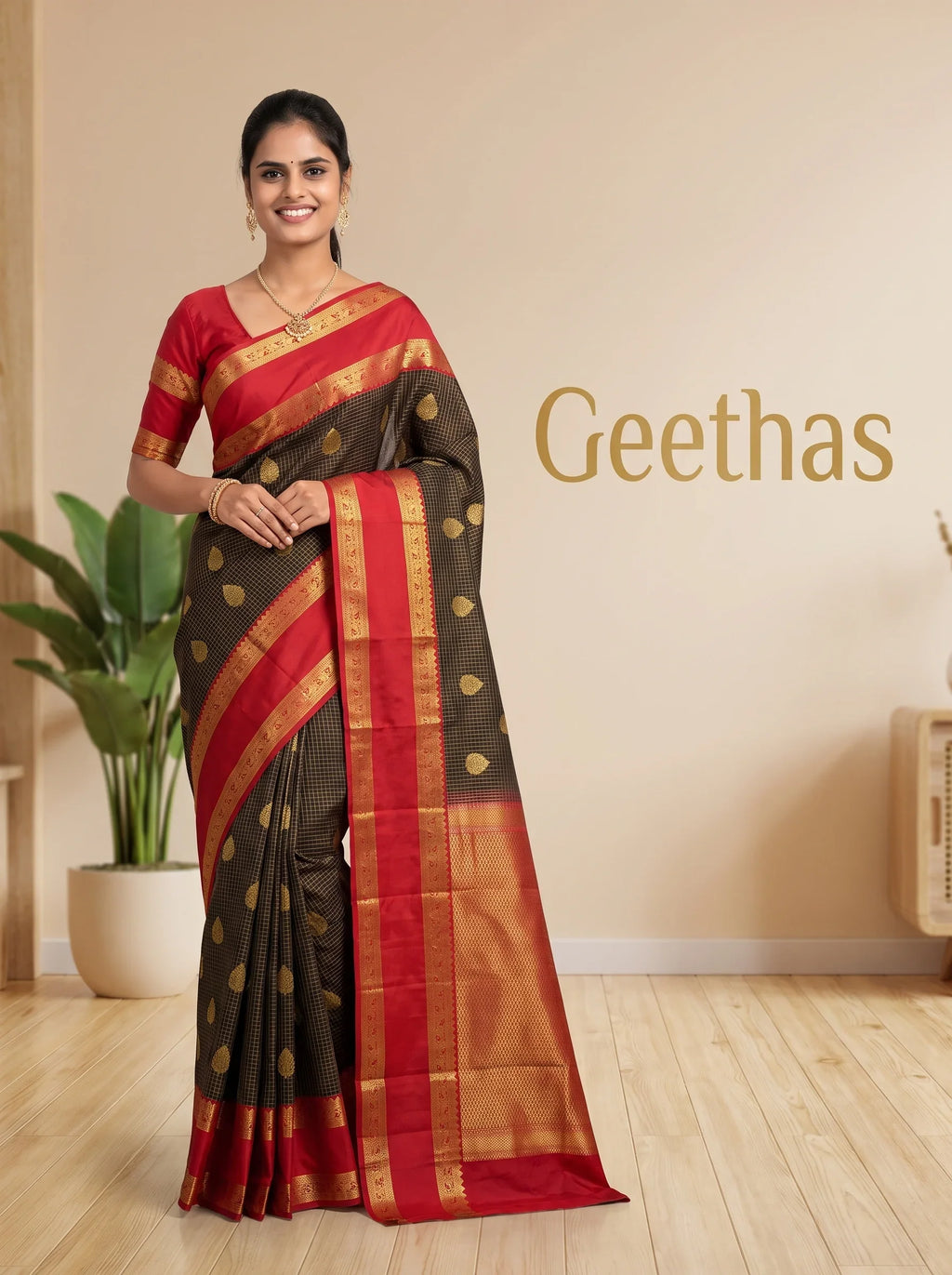 Model wearing a brown soft silk saree with gold-toned woven motifs and a deep red border