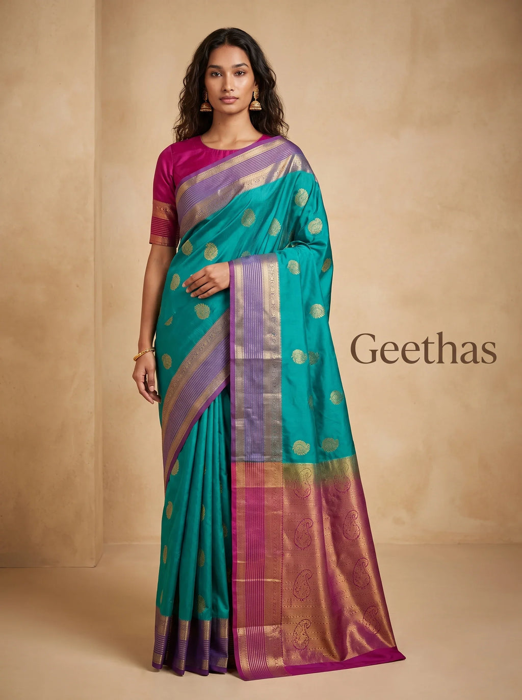 Model wearing a sea green soft silk saree with gold-toned woven motifs, a purple border and patterned pallu.