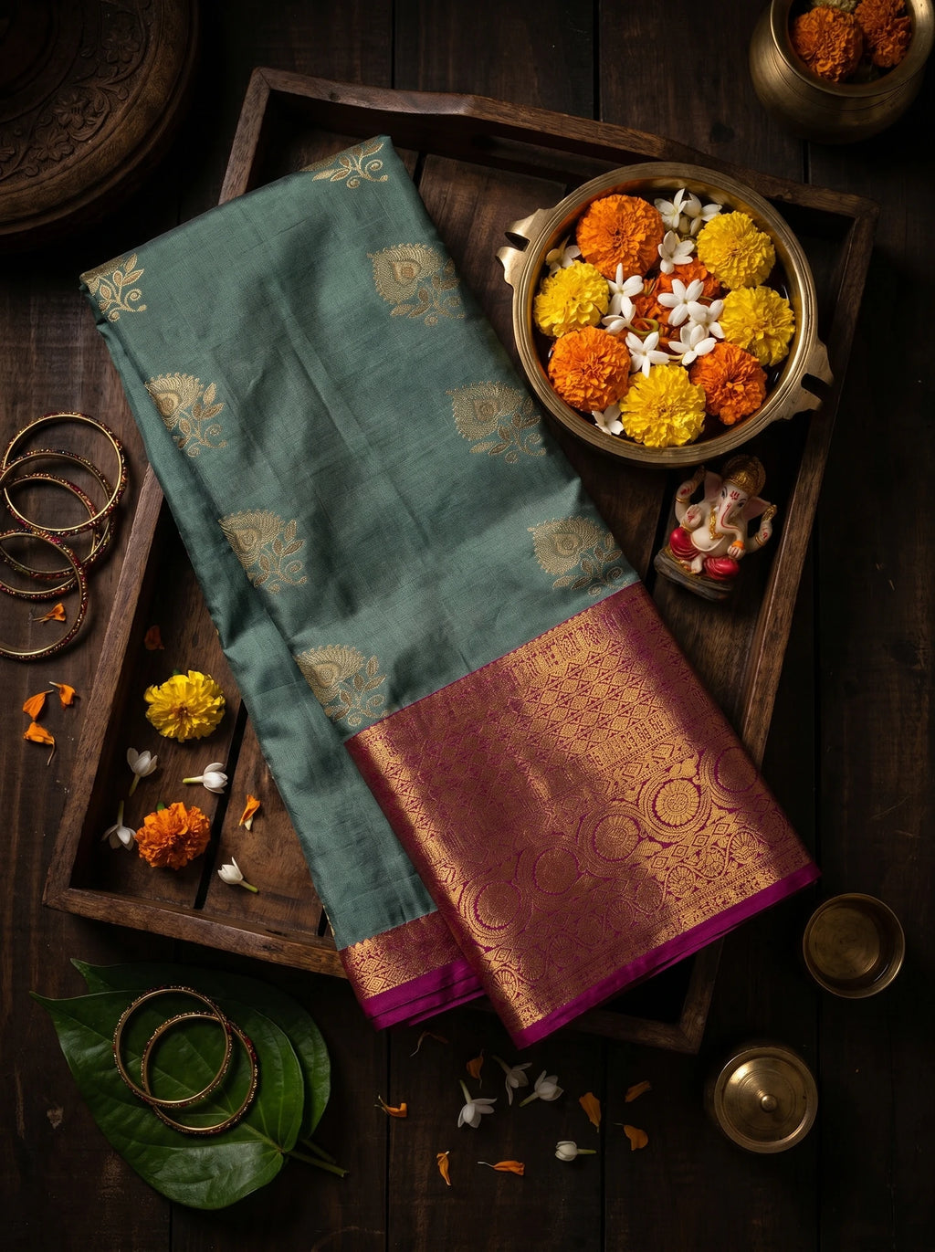 Dusty Teal Peacock Motif Semi Silk Saree