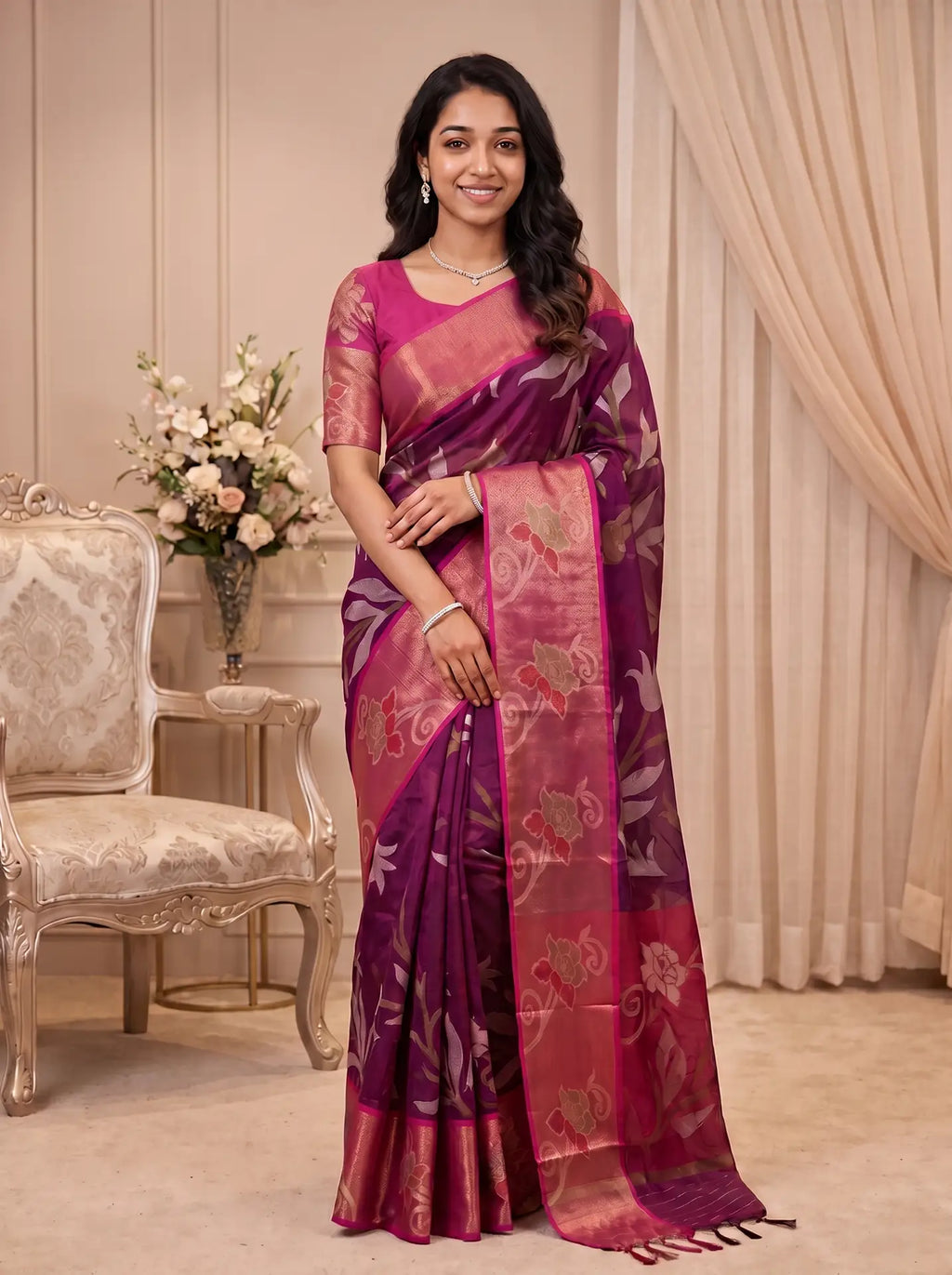 Plum Purple Pink Chanderi Cotton Floral Saree with Contrast Pink Blouse