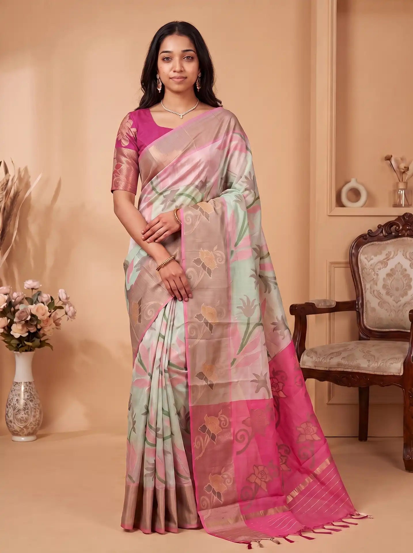 Mint Green Pastel Pink Chanderi Cotton Floral Saree with Contrast Pink Blouse