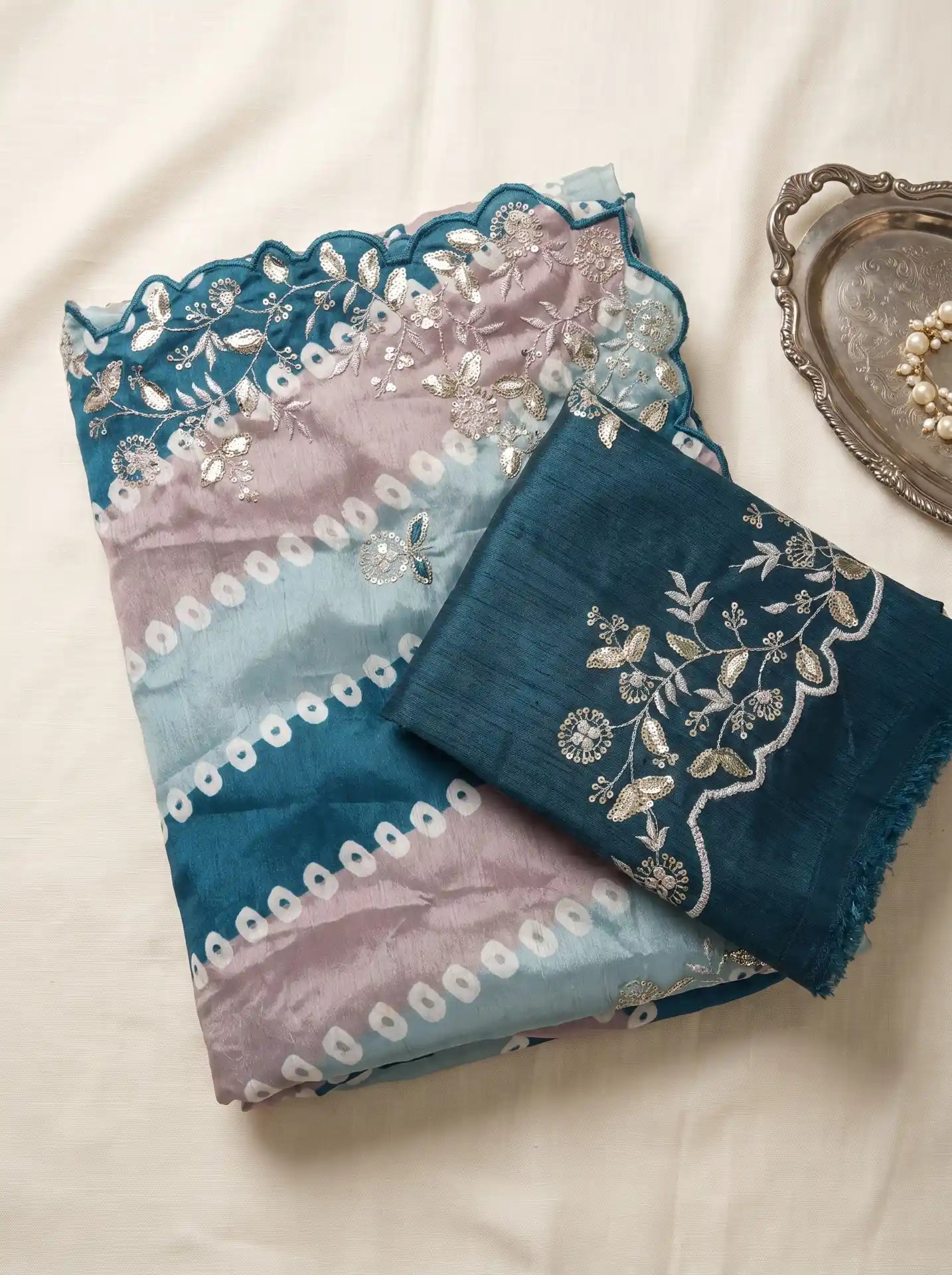 Teal Blue Ice Blue Sequin Work Saree with Matching Embroidered Blouse