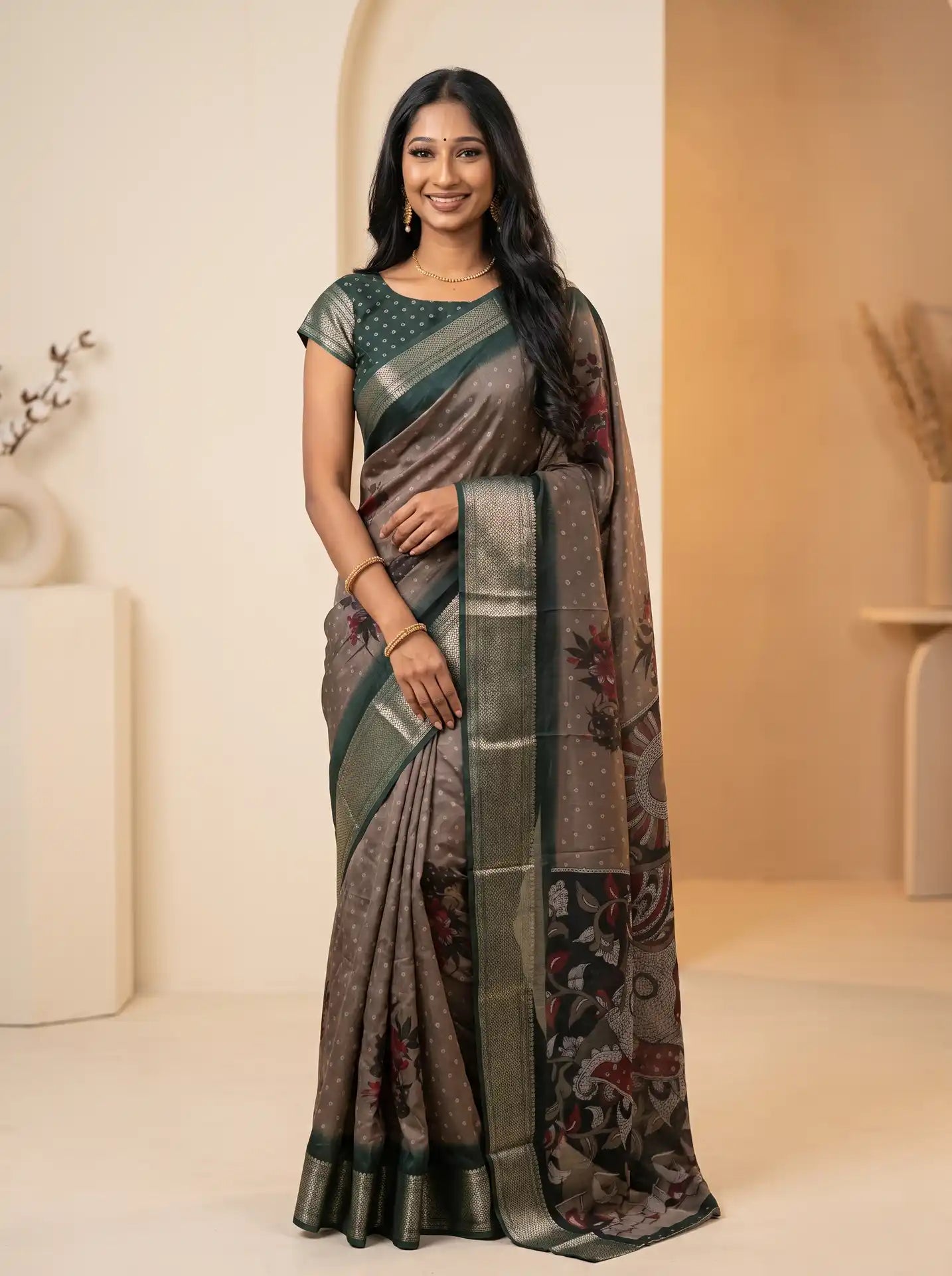 Mushroom Brown Dola Silk Kalamkari Print Saree with Contrast Green Butta Blouse