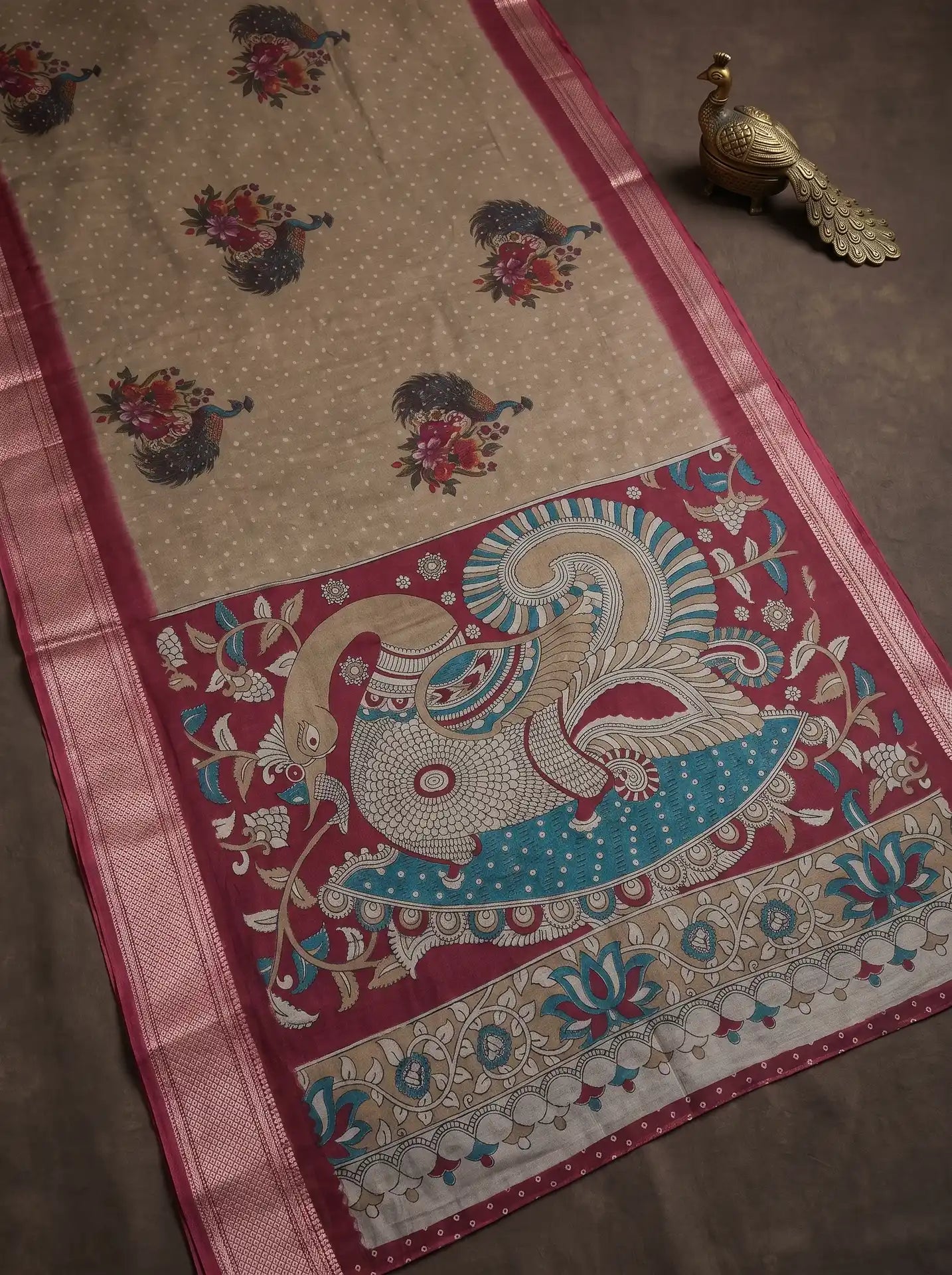 Stone Brown Dola Silk Kalamkari Print Saree with Contrast Wine Butta Blouse
