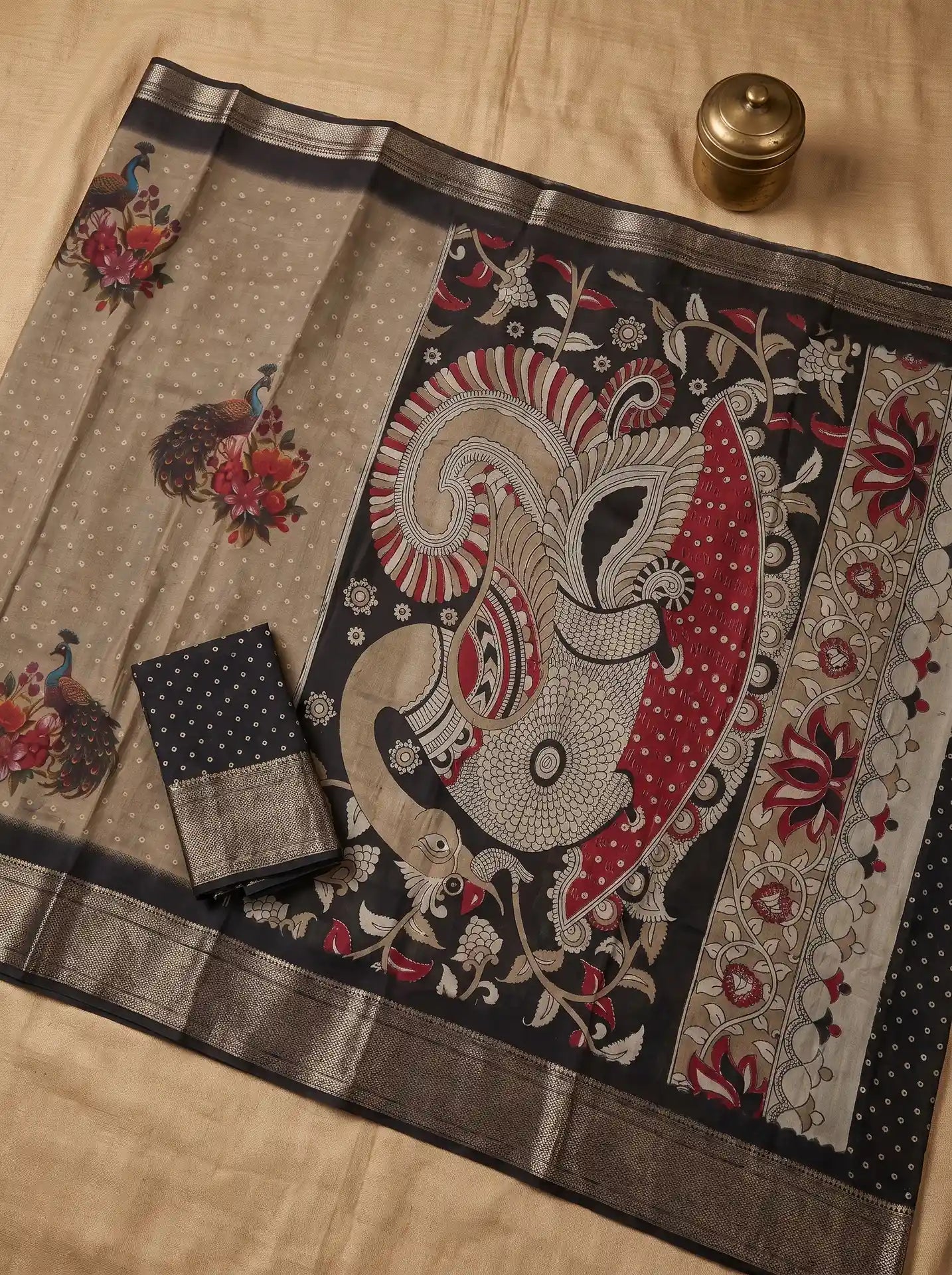 Mushroom Brown Dola Silk Kalamkari Print Saree with Contrast Charcoal Black Butta Blouse