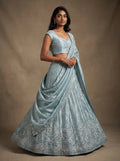 Ice Blue Semi-Stitched Floral Sequin Embroidered Lehenga Set