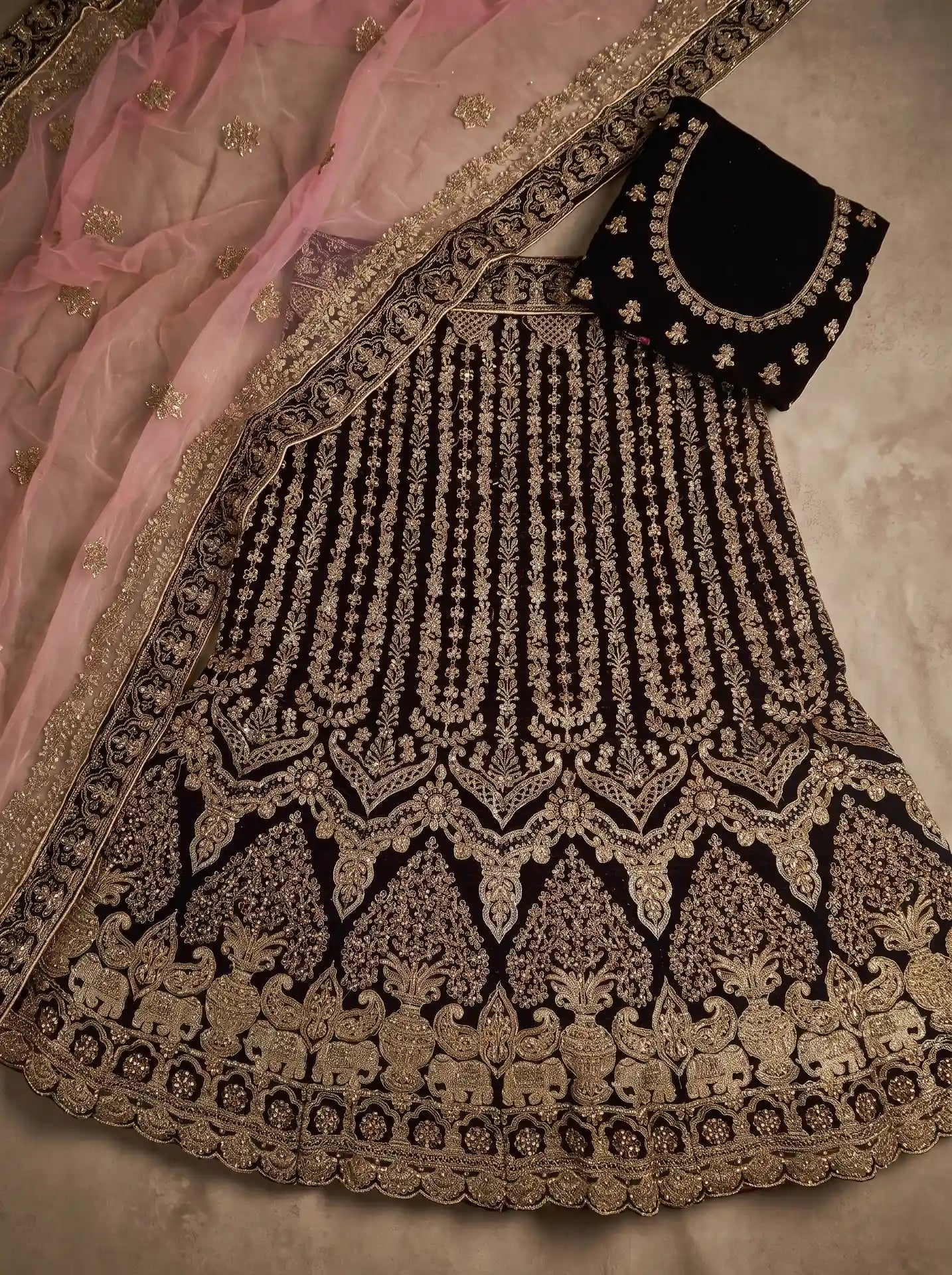 Bridal Deep Wine Velvet Heavy Gold Embroidered Semi-Stitched Lehenga Set