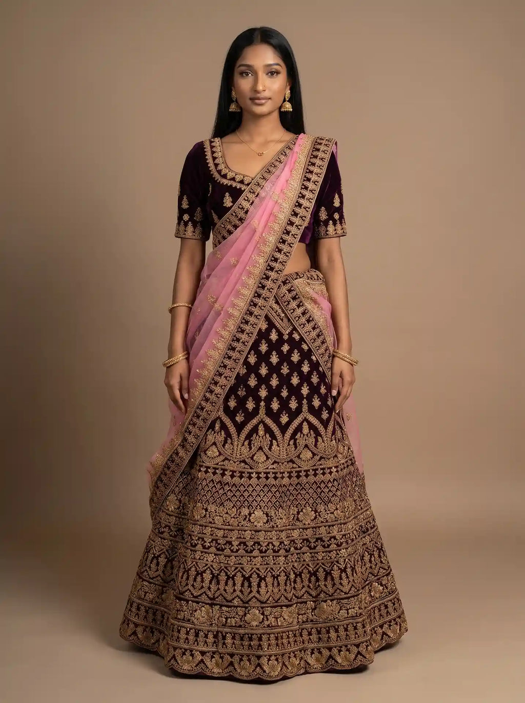 Bridal Deep Burgundy Velvet Heavy Gold Embroidered Semi-Stitched Lehenga Set