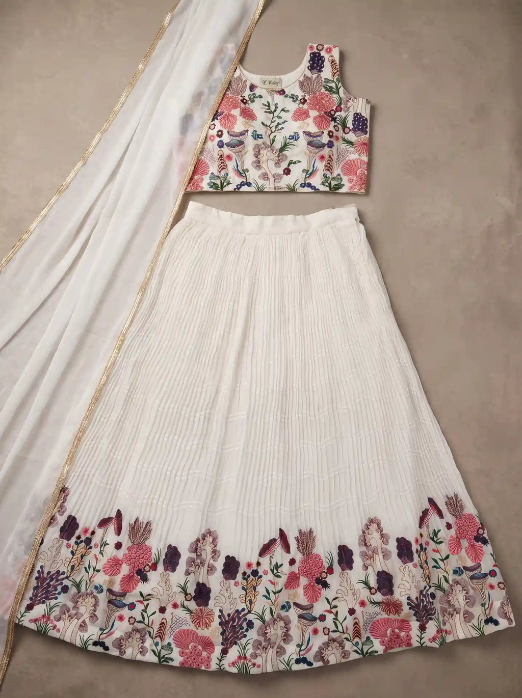 Swan White Ready to Wear Georgette Floral Embroidered Lehenga Set