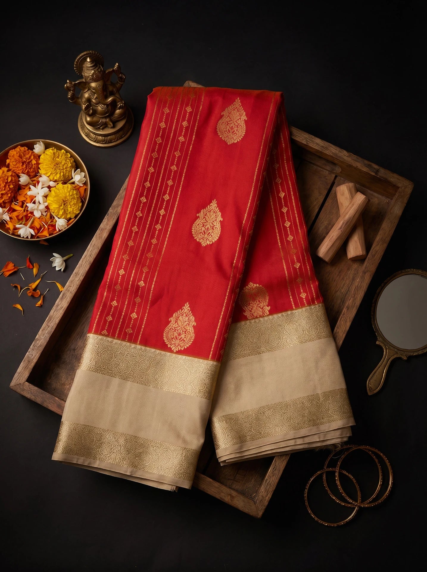 Coral Pink Paisley Butta Retta Pattai Kanchi Soft Silk Saree