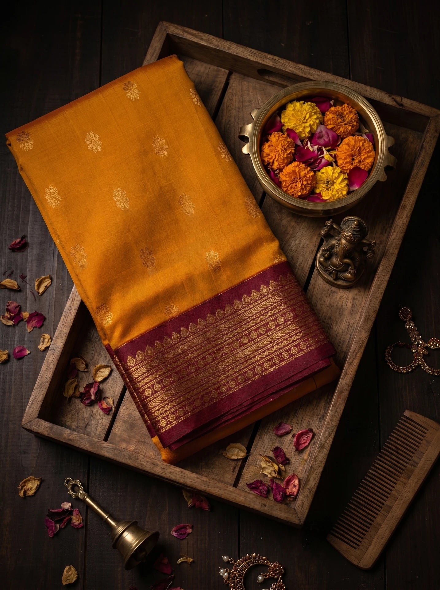 Marigold Yellow & Violet Floral Butta Kanchi Soft Silk Saree